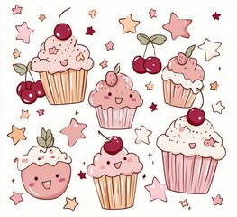 Naklejka premium Cute cupcakes with cherries and stars