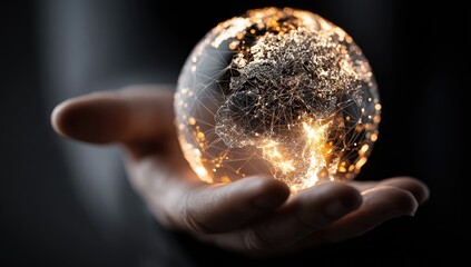 A hand holds a glowing, digital globe, highlighting Africa