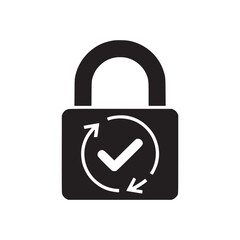 A black padlock icon with a white checkmark and circular arrows on a white background illustration