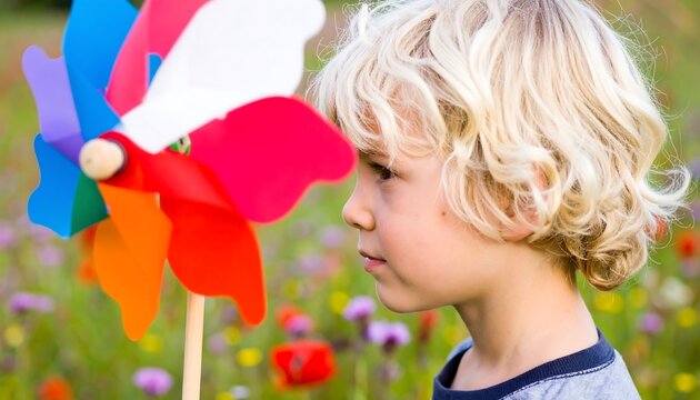 Young boy with blond curls looks intently at a colorful pinwheel in a meadow
