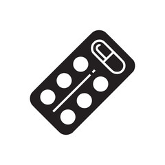 A black and white illustration of a blister pack with capsules on a white background surface view