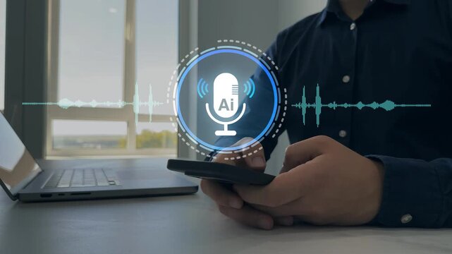 Person interacting through microphone with AI Agent voice chat.AI assistant voice chat interface. Digital communication, speech recognition, and smart technology enabling natural conversation.