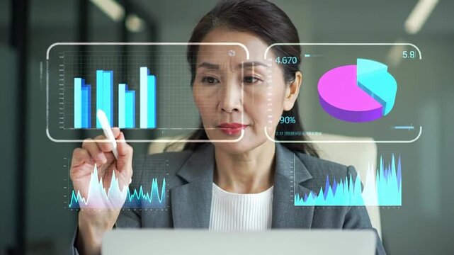 AI-powered automated data analysis and data mining. Artificial intelligence analyzing big data. Businessman using laptop computer to instruct AI agent.