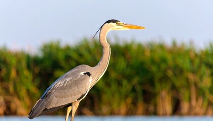Fototapeta premium A grey heron stands alert and poised, its profile highlighted against a blurred background of lush vegetation by a calm water's edge.