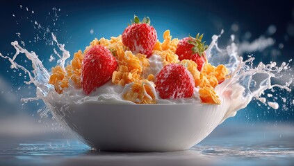 Cereal, Strawberries, and Milk Splash