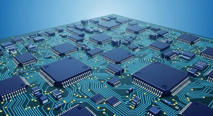 Computer Microchip Array on Blue Background Technology Concept
