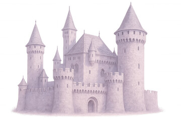 Obraz premium Medieval stone castle featuring soaring towers and defensive wall, rendered with transparent background for fantasy design projects