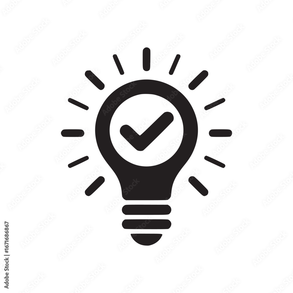 Aufkleber a black lightbulb with a checkmark inside and rays coming out of it on a white background