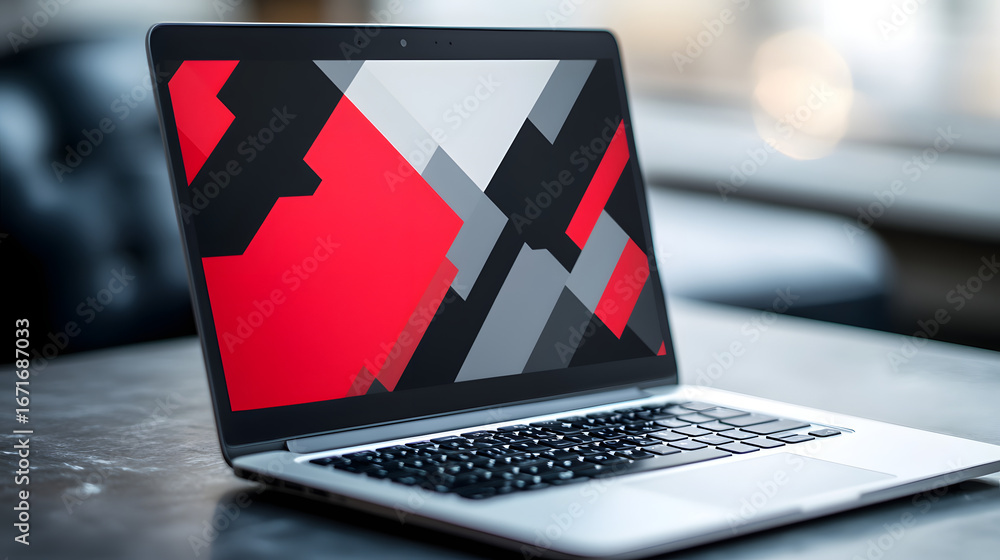 Poster modern laptop with vibrant abstract geometric design on screen, perfect for tech presentations and d