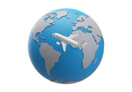Airplane flying around a globe with continents and oceans illustration