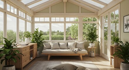 Sunlit conservatory showcases comfortable daybed surrounded by lush potted plants, creating a bright and inviting indoor garden space for relaxation and tranquility.