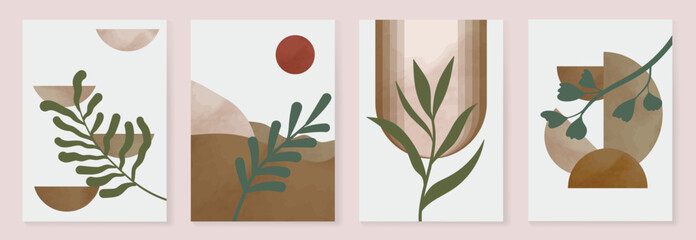 Abstract botanical wall art prints vector set. Geometric shape and green leaf branches with earth tone watercolor texture. Illustration design for Eco packaging, interior, cover, wall art, wallpaper.