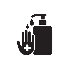 A black and white illustration of hand sanitizer with a hand and a plus sign on a white background