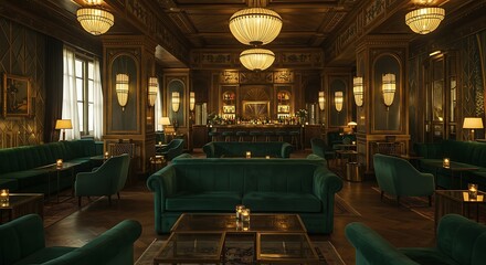 Elegant hotel lobby features plush green velvet seating and ornate lighting fixtures creating a luxurious and inviting atmosphere for guests to relax and socialize.