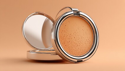 Compact powder makeup, open case.  Metallic silver case, light orange-beige powder inside.  Product shot