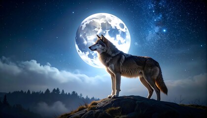 Wolf howling at night, moonlit mountains