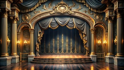 Fototapeta premium A grand theater stage with ornate gold detailing and a luxurious blue curtain, evoking a sense of classic elegance and theatrical performance art