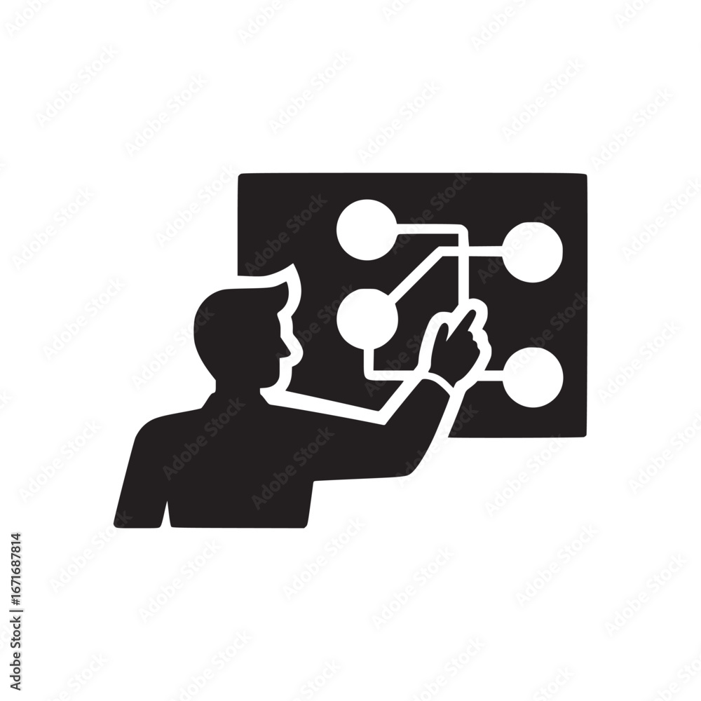 Poster silhouette of a person pointing at a black screen with connected circles and lines diagram
