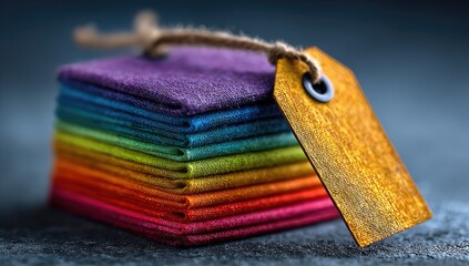 Colorful fabric swatches stacked, tagged