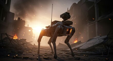 Advanced Robotic Canine Unit Navigates a Devastated Urban Landscape at Sunset, Depicting Advanced Surveillance