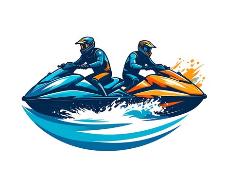Two jet skiers ride side-by-side, creating a wake.  Vector illustration
