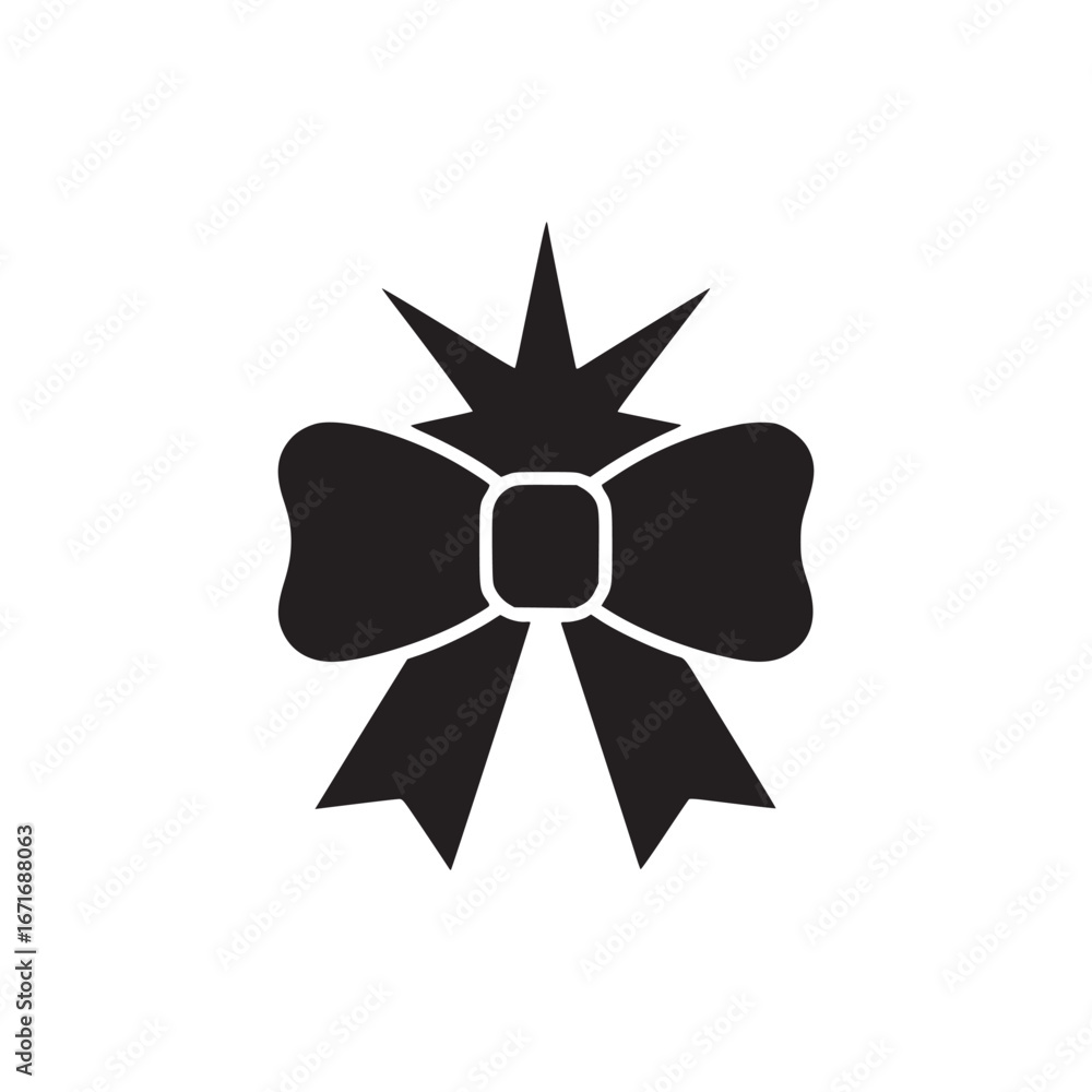 Poster a black bow with a square center and starburst on top on a white background in a simple illustration