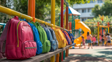 Playground full of children playing, backpacks lined up on the side, vibrant colors and movement, joyful back-to-school moment.