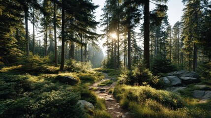 Fototapeta premium Serene forest pathway illuminated by sunlight, showcasing lush greenery and vibrant nature