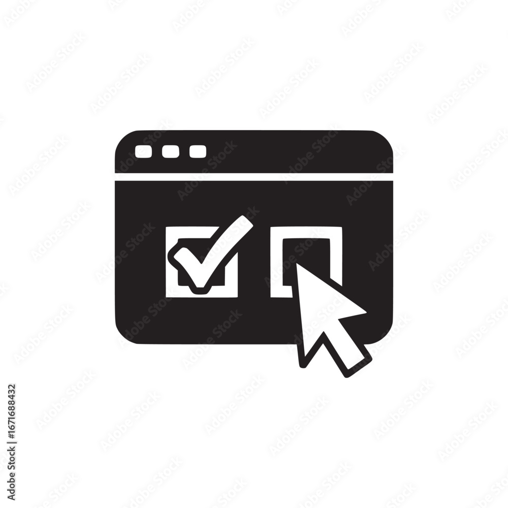 Aufkleber a black and white graphic of a browser window with a check mark and a cursor pointing at a box