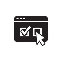 A black and white graphic of a browser window with a check mark and a cursor pointing at a box
