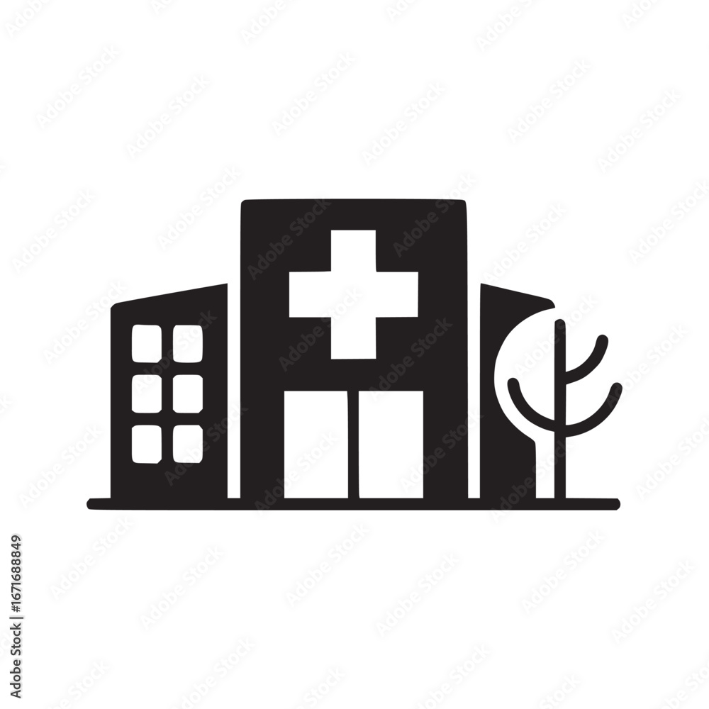 Poster a simple black and white icon of a hospital building with a cross and a tree next to it design
