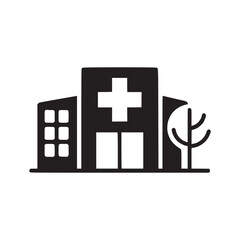Obraz premium A simple black and white icon of a hospital building with a cross and a tree next to it design