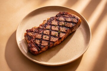 A perfectly seared steak sits on a beige plate, illuminated by warm sunlight, showcasing the grill marks and a delectable aroma.