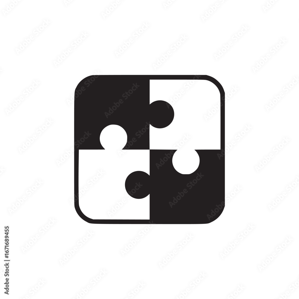 Poster a square image with a black and white puzzle design featuring four pieces and rounded edges on a whi