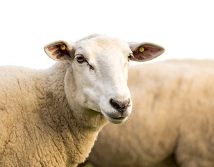Close-up of a sheep's head and neck, showcasing soft, creamy white wool and subtle details of the face and ears.  The out-of-focus background highlights a similar sheep in a natural setting.