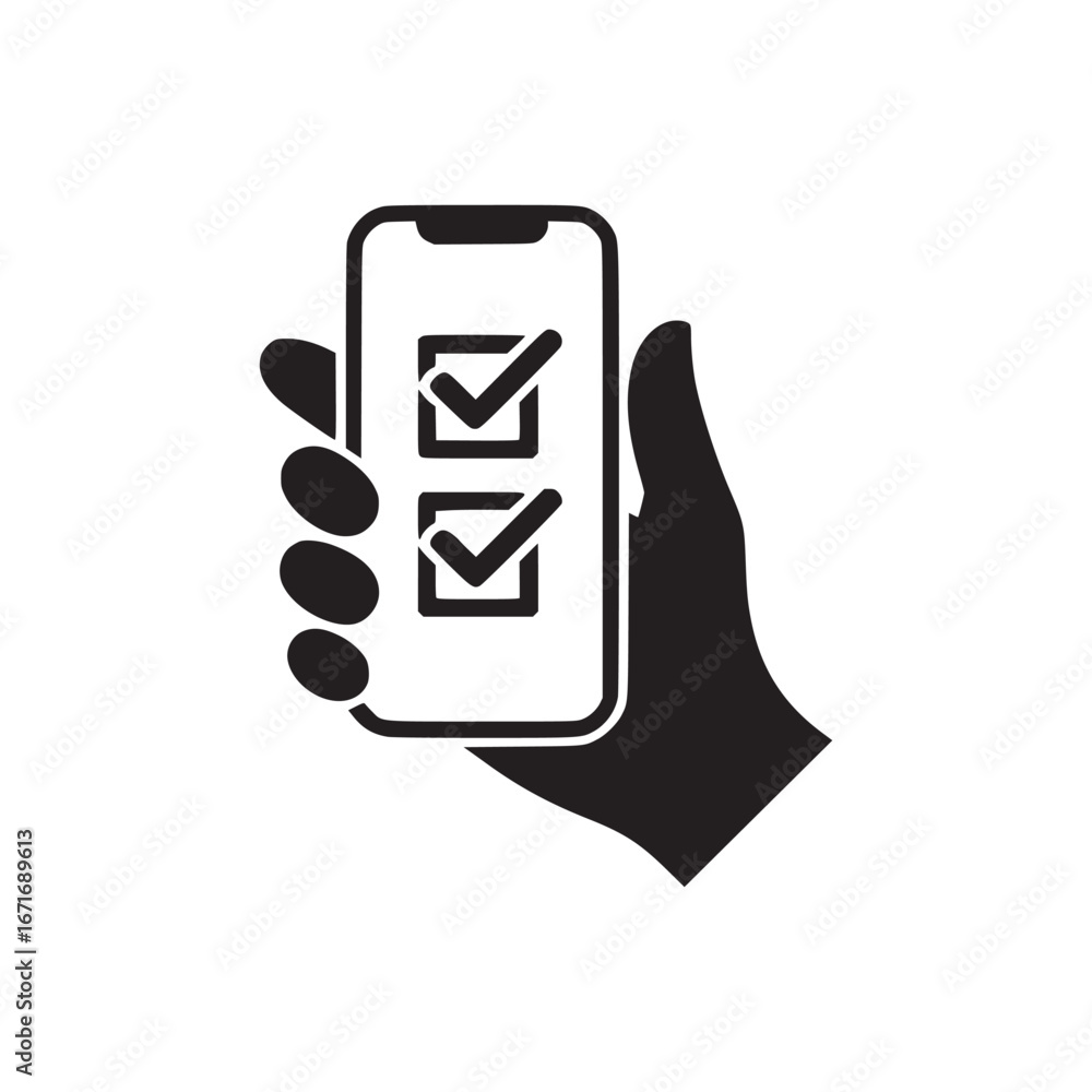Aufkleber hand holding smartphone with two checkmarks in boxes displayed on the screen in black and white