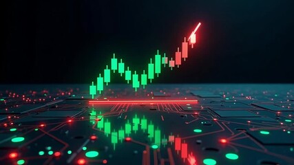 Dynamic stock market candle chart animation with rising trend on futuristic circuit board - Powered by Adobe