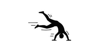 Dynamic black icon of a person doing a fast cartwheel, a minimalist silhouette representing agility, gymnastics, and athletic action