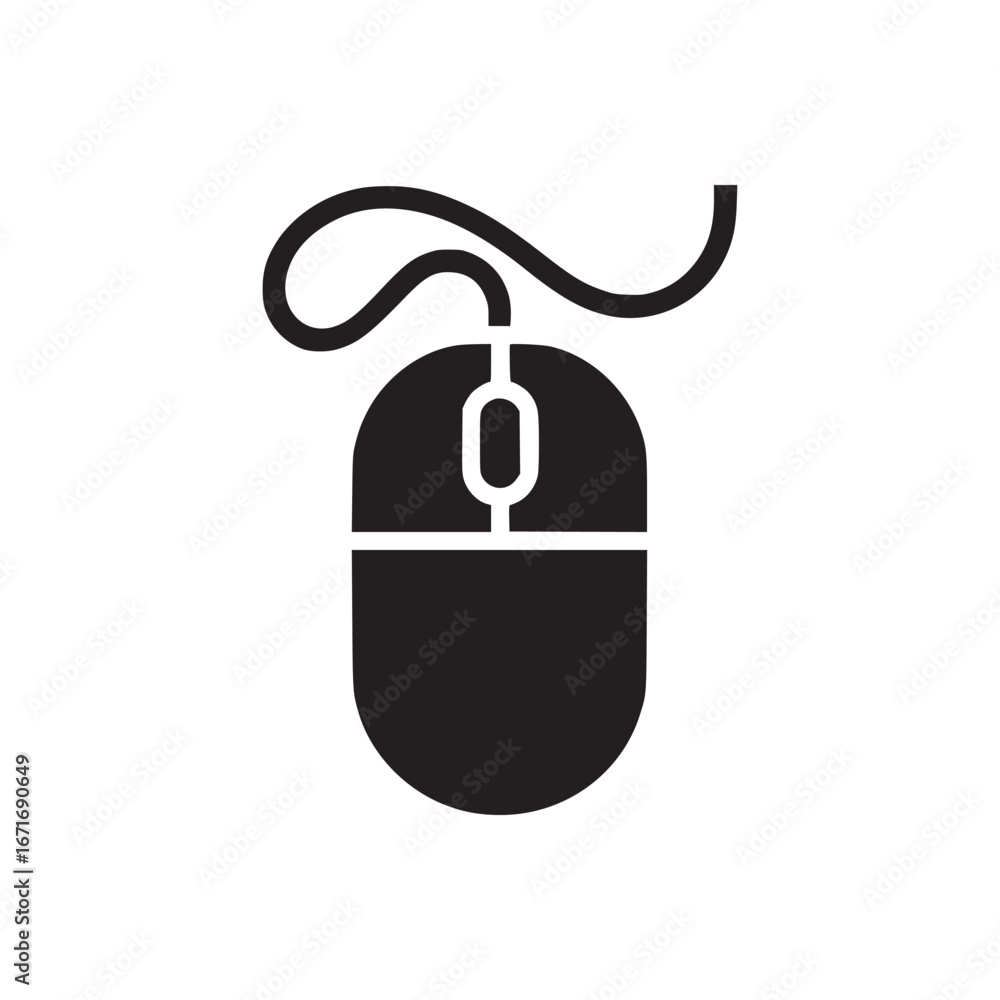 Poster a simple black computer mouse with a cord on a white background in a minimalist style icon design