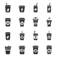 Sixteen various coffee and drink cup silhouettes are neatly displayed on a solid white backdrop