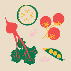 Colorful flat style illustration of assorted fruits and vegetables, whole and cut into slices. Minimal modern artwork for healthy food themes, packaging design, posters and decorative projects.