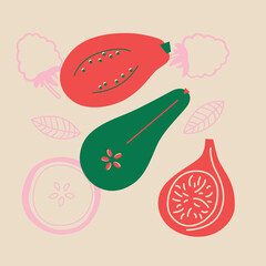Colorful flat style illustration of assorted fruits and vegetables, whole and cut into slices. Minimal modern artwork for healthy food themes, packaging design, posters and decorative projects.