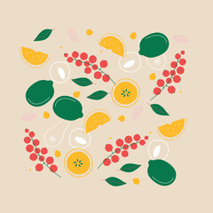 Obraz premium Colorful flat style illustration of assorted fruits and vegetables, whole and cut into slices. Minimal modern artwork for healthy food themes, packaging design, posters and decorative projects.