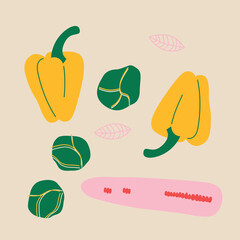 Colorful flat style illustration of assorted fruits and vegetables, whole and cut into slices. Minimal modern artwork for healthy food themes, packaging design, posters and decorative projects.