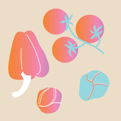 Colorful flat style illustration of assorted fruits and vegetables, whole and cut into slices. Minimal modern artwork for healthy food themes, packaging design, posters and decorative projects.