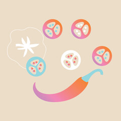 Colorful flat style illustration of assorted fruits and vegetables, whole and cut into slices. Minimal modern artwork for healthy food themes, packaging design, posters and decorative projects.