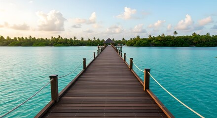 Obraz premium Serene wooden pier extending over turquoise waters, surrounded by lush greenery and soft clouds