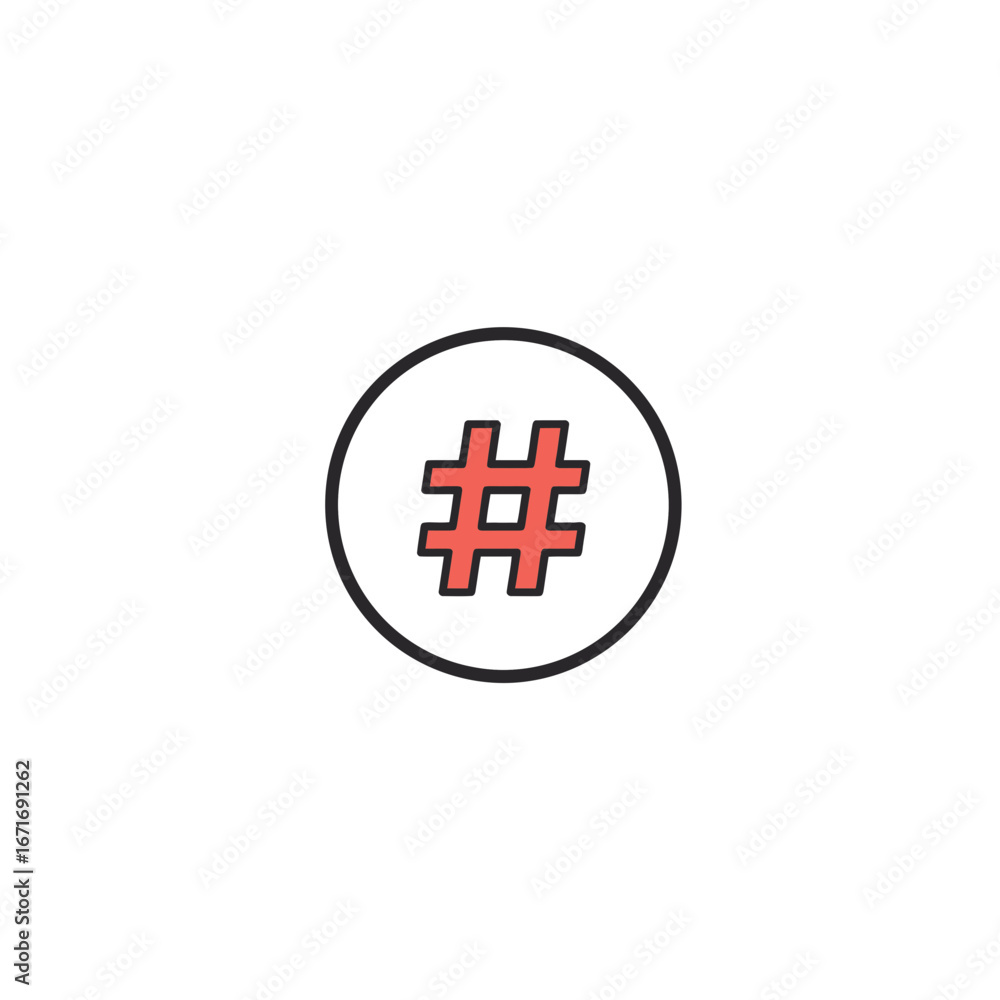 Poster isolated hashtag symbol with simple black outline and red fill inside a white circle. concept for so