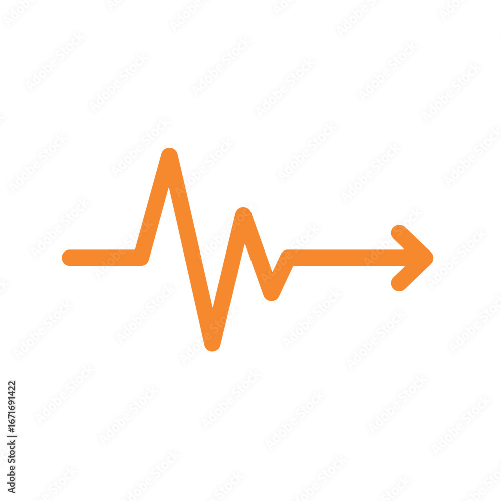 Poster orange line showing heart rhythm with an arrow pointing to the right on a white background. concept 