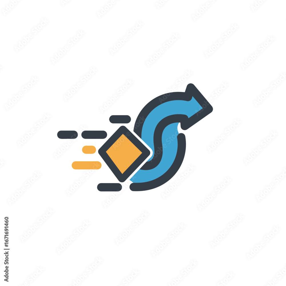 Poster stylized blue arrow wraps around a diamond shape leaving a trail of motion lines behind it. concept 